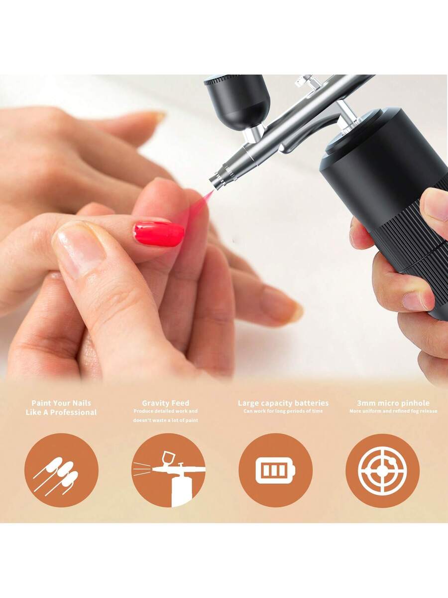 Wireless Portable Nail Art Spray Gun Kit With Compressor, 30PSI High Pressure Rechargeable Spray Gun With 0.3mm Nozzle, Suitable For Models, Haircuts, Cookies, Cakes And Other Painting