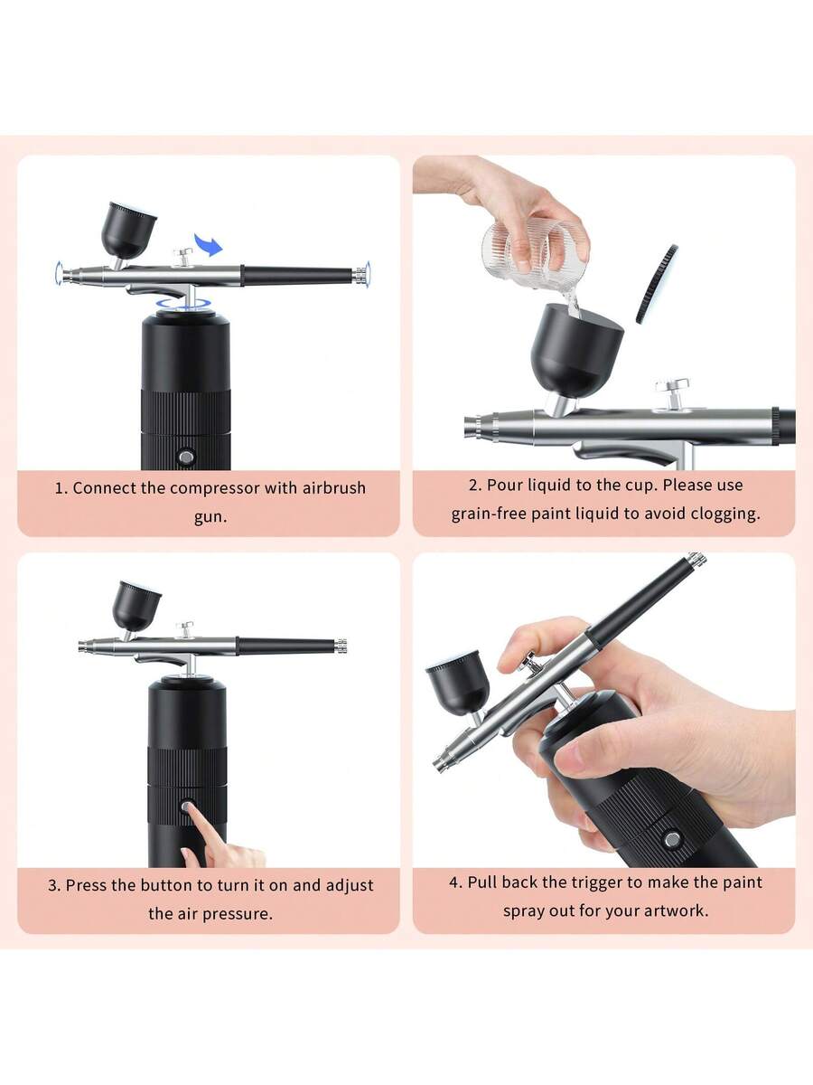 Wireless Portable Nail Art Spray Gun Kit With Compressor, 30PSI High Pressure Rechargeable Spray Gun With 0.3mm Nozzle, Suitable For Models, Haircuts, Cookies, Cakes And Other Painting