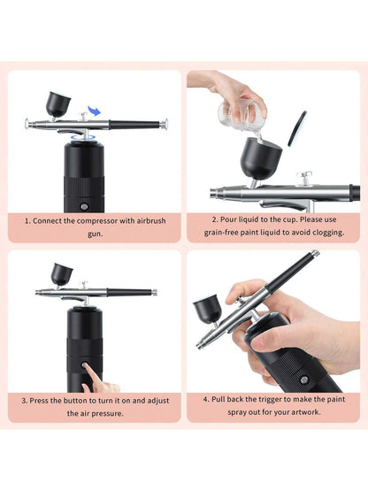 Wireless Portable Nail Art Spray Gun Kit With Compressor, 30PSI High Pressure Rechargeable Spray Gun With 0.3mm Nozzle, Suitable For Models, Haircuts, Cookies, Cakes And Other Painting