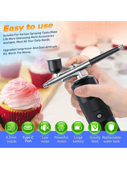 Wireless Portable Nail Art Spray Gun Kit With Compressor, 30PSI High Pressure Rechargeable Spray Gun With 0.3mm Nozzle, Suitable For Models, Haircuts, Cookies, Cakes And Other Painting