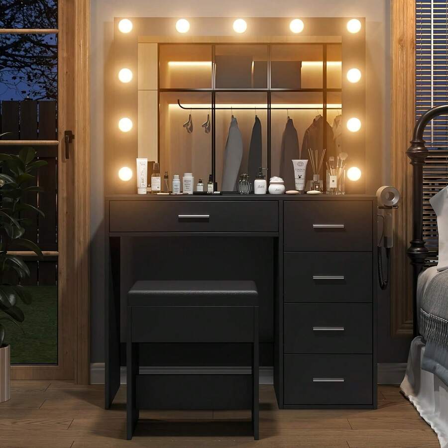 Yanosaku 37" Vanity Desk With Mirror & LED Lights, Makeup Vanity With Power Outlet & USB, 3 Lighting Modes, Dressing Table With 5 Drawers & Stool For Bedroom, White
