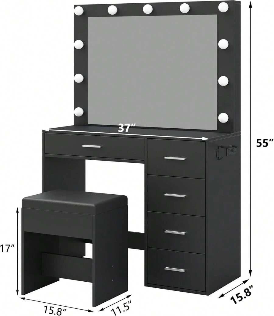 Yanosaku 37" Vanity Desk With Mirror & LED Lights, Makeup Vanity With Power Outlet & USB, 3 Lighting Modes, Dressing Table With 5 Drawers & Stool For Bedroom, White