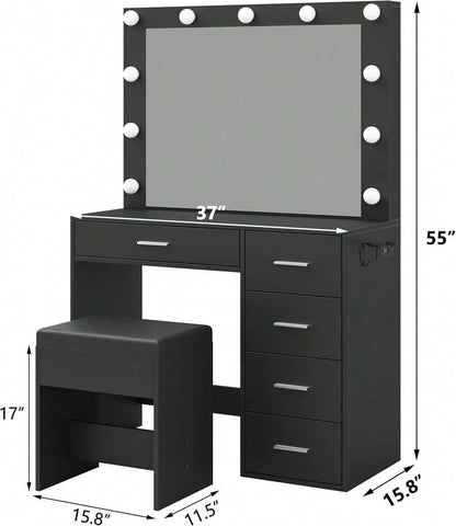 Yanosaku 37" Vanity Desk With Mirror & LED Lights, Makeup Vanity With Power Outlet & USB, 3 Lighting Modes, Dressing Table With 5 Drawers & Stool For Bedroom, White