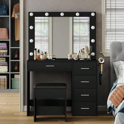Yanosaku 37" Vanity Desk With Mirror & LED Lights, Makeup Vanity With Power Outlet & USB, 3 Lighting Modes, Dressing Table With 5 Drawers & Stool For Bedroom, White