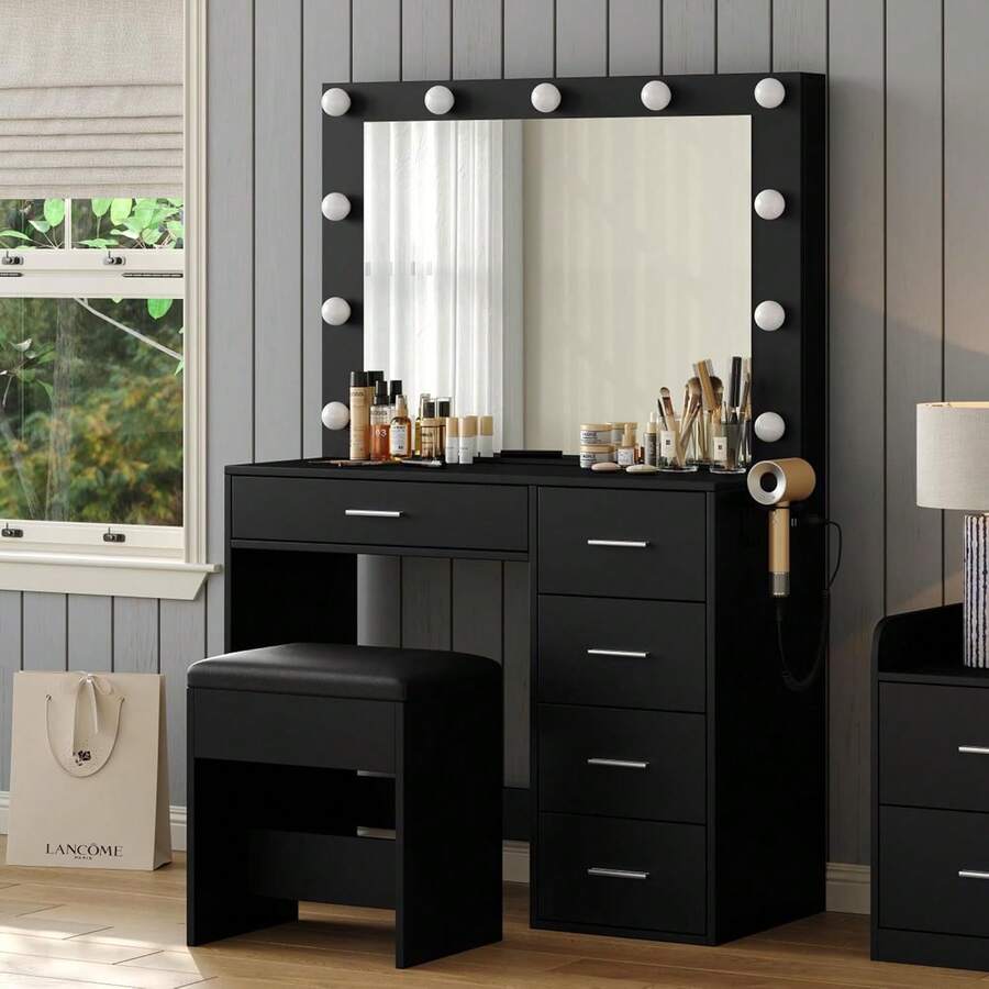 Yanosaku 37" Vanity Desk With Mirror & LED Lights, Makeup Vanity With Power Outlet & USB, 3 Lighting Modes, Dressing Table With 5 Drawers & Stool For Bedroom, White