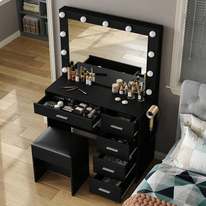 Yanosaku 37" Vanity Desk With Mirror & LED Lights, Makeup Vanity With Power Outlet & USB, 3 Lighting Modes, Dressing Table With 5 Drawers & Stool For Bedroom, White