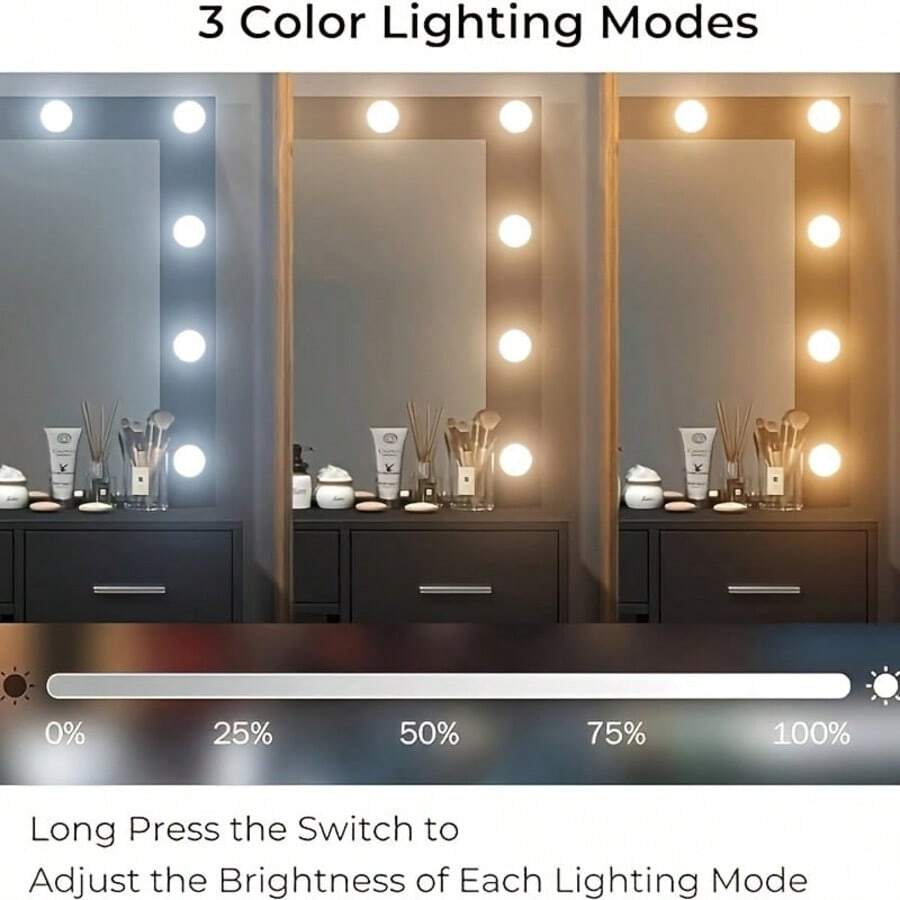 Yanosaku 37" Vanity Desk With Mirror & LED Lights, Makeup Vanity With Power Outlet & USB, 3 Lighting Modes, Dressing Table With 5 Drawers & Stool For Bedroom, White