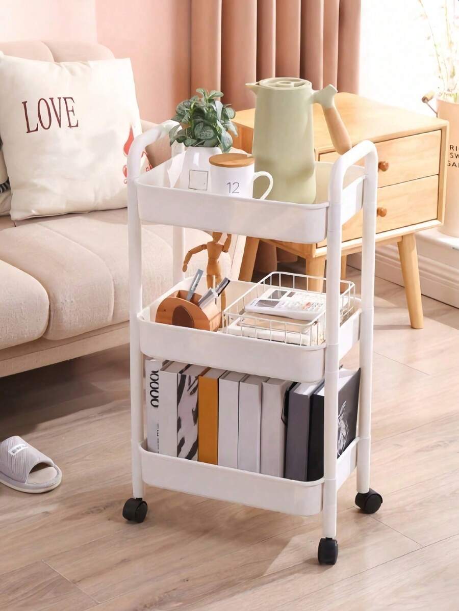 1pc 3-Tier White Storage Cart, Durable Plastic Material, 360° Swivel Wheels, Multi-Scenario Storage, Suitable For Bathroom/Bedroom