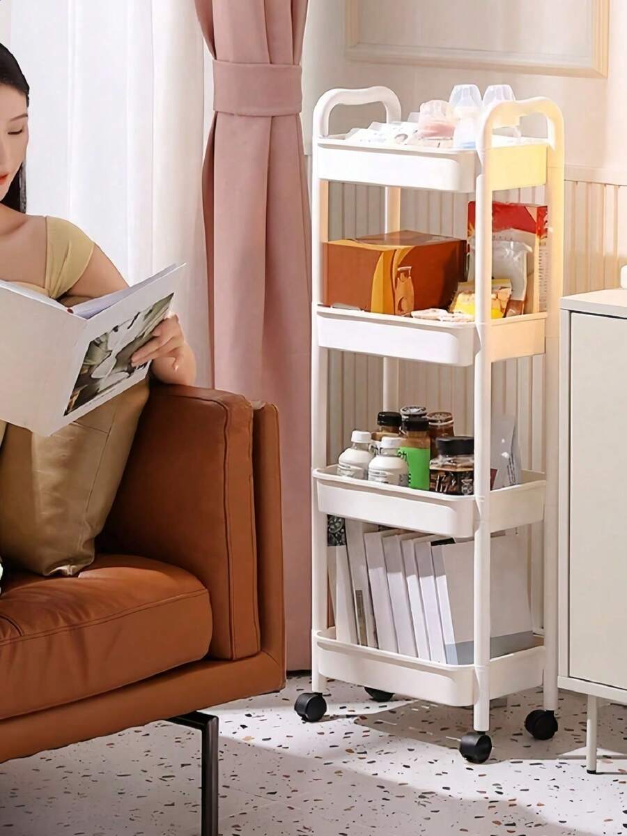 1pc 3-Tier White Storage Cart, Durable Plastic Material, 360° Swivel Wheels, Multi-Scenario Storage, Suitable For Bathroom/Bedroom