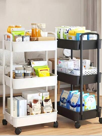 1pc 3-Tier White Storage Cart, Durable Plastic Material, 360° Swivel Wheels, Multi-Scenario Storage, Suitable For Bathroom/Bedroom