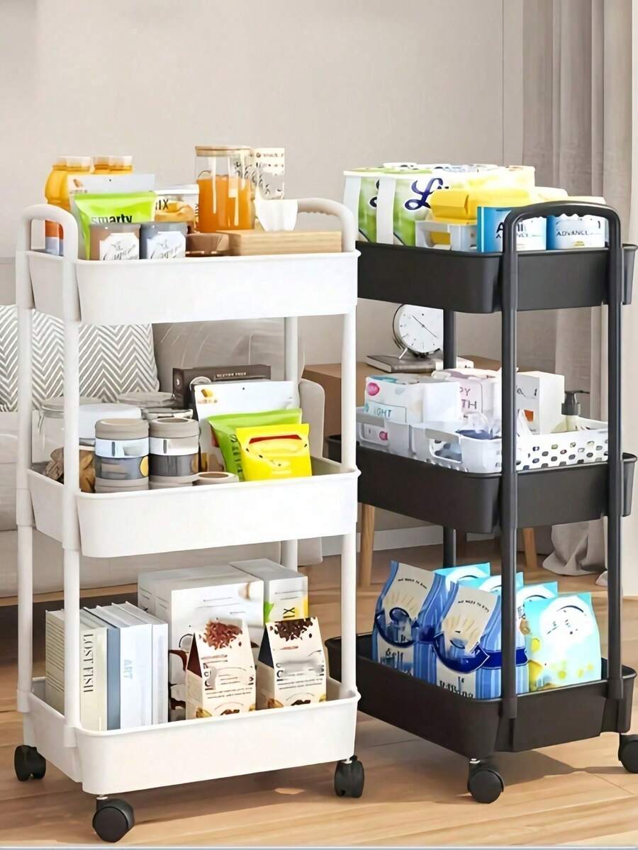 1pc 3-Tier White Storage Cart, Durable Plastic Material, 360° Swivel Wheels, Multi-Scenario Storage, Suitable For Bathroom/Bedroom