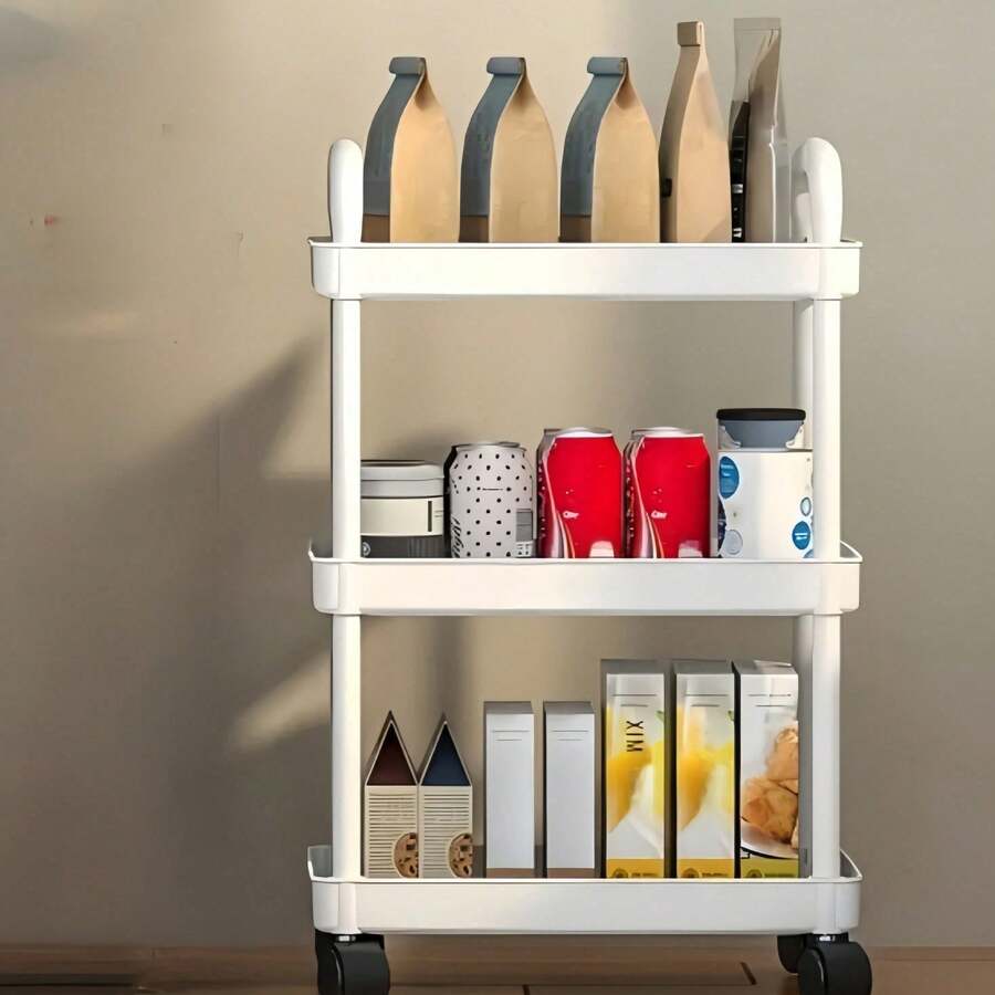 1pc 3-Tier White Storage Cart, Durable Plastic Material, 360° Swivel Wheels, Multi-Scenario Storage, Suitable For Bathroom/Bedroom