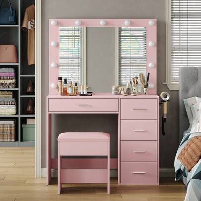 Yanosaku 37" Vanity Desk With Mirror & LED Lights, Makeup Vanity With Power Outlet & USB, 3 Lighting Modes, Dressing Table With 5 Drawers & Stool For Bedroom, White