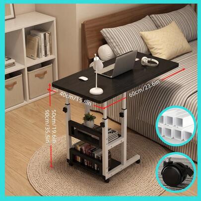 Height-Adjustable Mobile Laptop Desk - Four-Wheel Locking Rolling Study/Workstation Desk With Double-Layer Shelves, Suitable For Bedside/Dormitory/Office Use, Sturdy Steel Frame And Modern Look (Space-Saving Design) Perfect For Back-To-School Season.