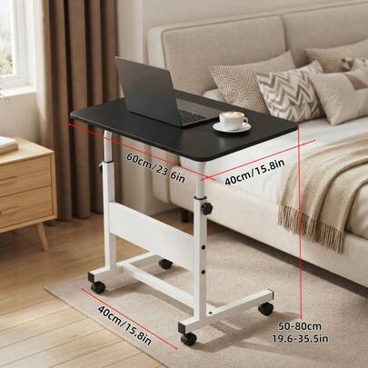 Height-Adjustable Mobile Laptop Desk - Four-Wheel Locking Rolling Study/Workstation Desk With Double-Layer Shelves, Suitable For Bedside/Dormitory/Office Use, Sturdy Steel Frame And Modern Look (Space-Saving Design) Perfect For Back-To-School Season.