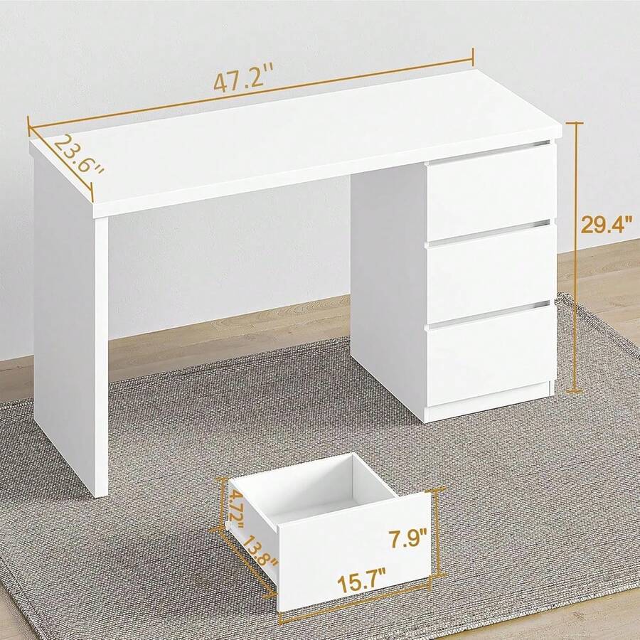White Desk With Drawers Fifty Three Inch Home Office Computer Desk Gaming Table Modern Vanity Desk With Storage Wood Writing Workstation Bedroom Living Room White