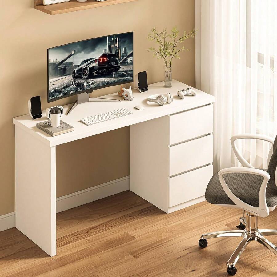 White Desk With Drawers Fifty Three Inch Home Office Computer Desk Gaming Table Modern Vanity Desk With Storage Wood Writing Workstation Bedroom Living Room White