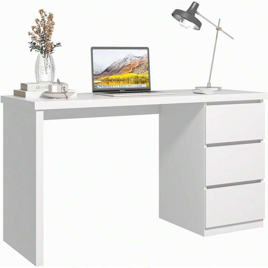 White Desk With Drawers Fifty Three Inch Home Office Computer Desk Gaming Table Modern Vanity Desk With Storage Wood Writing Workstation Bedroom Living Room White