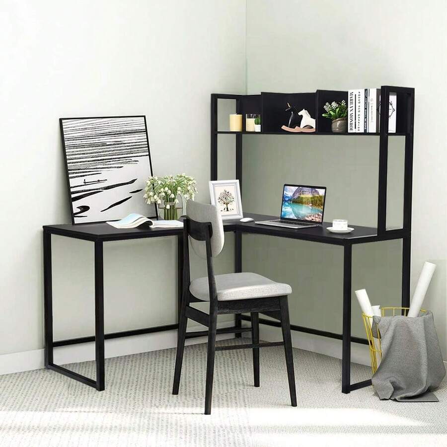 Reversible L-Shaped Desk With Hutch, Space Saving Corner Computer Desk With Storage Shelves, Home Office Study Writing Desk Computer Workstation With Storage Bookshelf, Gaming Desk