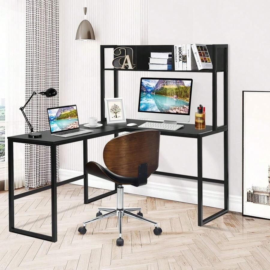 Reversible L-Shaped Desk With Hutch, Space Saving Corner Computer Desk With Storage Shelves, Home Office Study Writing Desk Computer Workstation With Storage Bookshelf, Gaming Desk