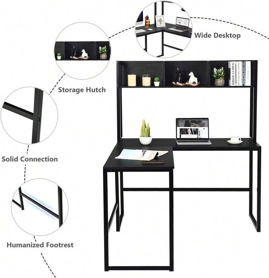 Reversible L-Shaped Desk With Hutch, Space Saving Corner Computer Desk With Storage Shelves, Home Office Study Writing Desk Computer Workstation With Storage Bookshelf, Gaming Desk