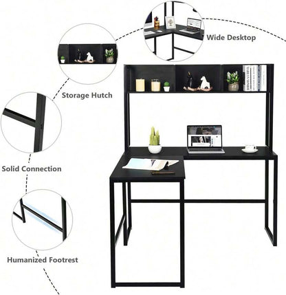 Reversible L-Shaped Desk With Hutch, Space Saving Corner Computer Desk With Storage Shelves, Home Office Study Writing Desk Computer Workstation With Storage Bookshelf, Gaming Desk
