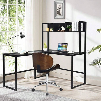 Reversible L-Shaped Desk With Hutch, Space Saving Corner Computer Desk With Storage Shelves, Home Office Study Writing Desk Computer Workstation With Storage Bookshelf, Gaming Desk