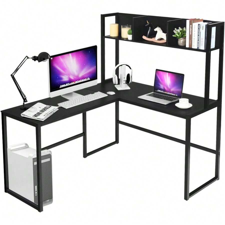 Reversible L-Shaped Desk With Hutch, Space Saving Corner Computer Desk With Storage Shelves, Home Office Study Writing Desk Computer Workstation With Storage Bookshelf, Gaming Desk
