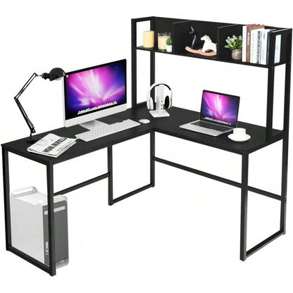 Reversible L-Shaped Desk With Hutch, Space Saving Corner Computer Desk With Storage Shelves, Home Office Study Writing Desk Computer Workstation With Storage Bookshelf, Gaming Desk