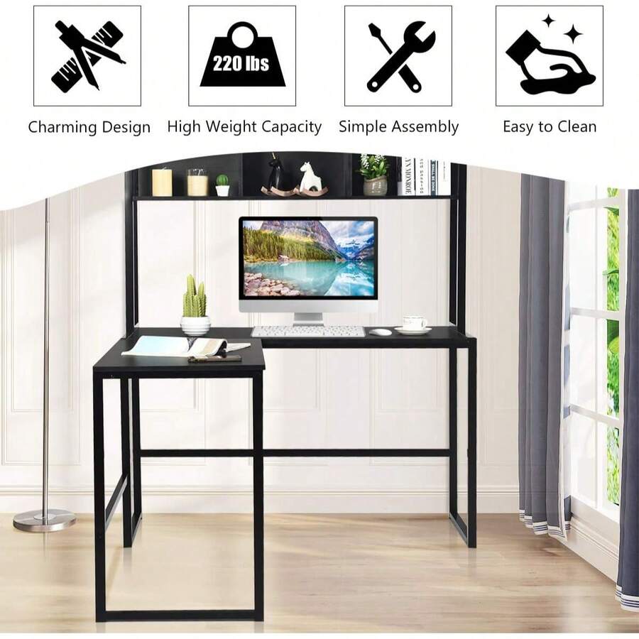 Reversible L-Shaped Desk With Hutch, Space Saving Corner Computer Desk With Storage Shelves, Home Office Study Writing Desk Computer Workstation With Storage Bookshelf, Gaming Desk
