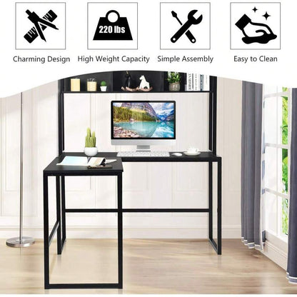 Reversible L-Shaped Desk With Hutch, Space Saving Corner Computer Desk With Storage Shelves, Home Office Study Writing Desk Computer Workstation With Storage Bookshelf, Gaming Desk