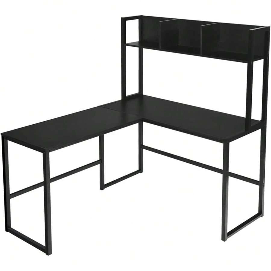 Reversible L-Shaped Desk With Hutch, Space Saving Corner Computer Desk With Storage Shelves, Home Office Study Writing Desk Computer Workstation With Storage Bookshelf, Gaming Desk